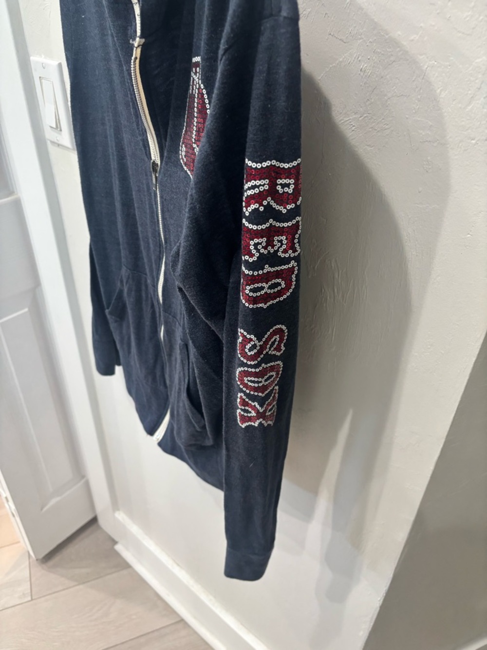 Red Sox Embellished gray Zip Hoodie set with Red Rhinestone Script